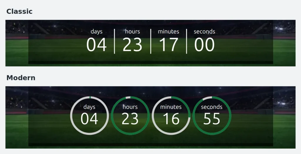 The kickoff countdown on an upcoming game in both layouts, labelled Classic above Modern: plain days, hours, minutes and seconds numbers with thin separators in the first, the same four values inside circular progress rings in the second