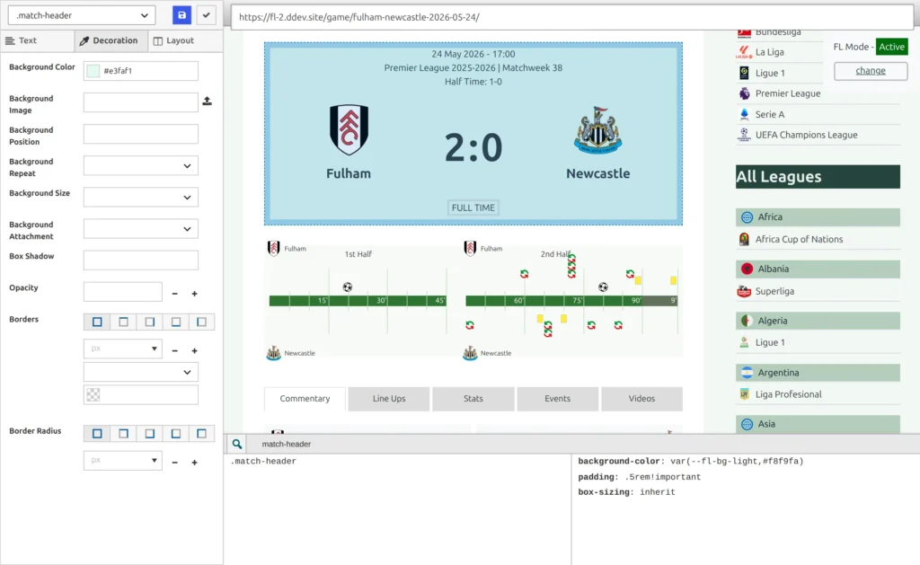 SiteOrigin CSS in Visual Mode on a Football Leagues game page: the match header outlined in blue, the match-header class picked in the list at the bottom and shown in the selector box, the Decoration tab open with a background colour chosen, and the FL Mode Active badge in the corner of the preview