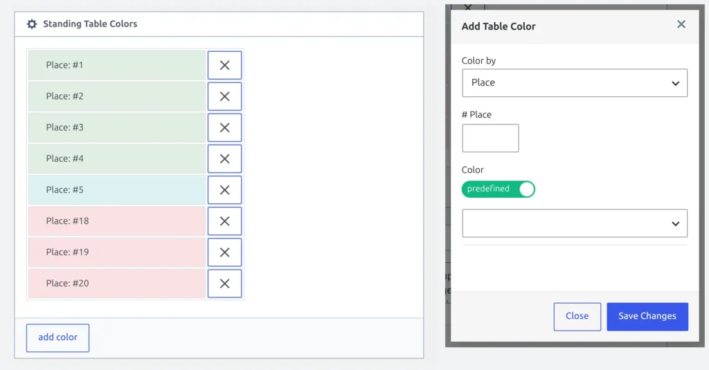The Standing Table Colors block in a standing editor, listing eight coloured places and an add colour button, beside the Add Table Color dialog with Color by set to Place and the colour source set to predefined