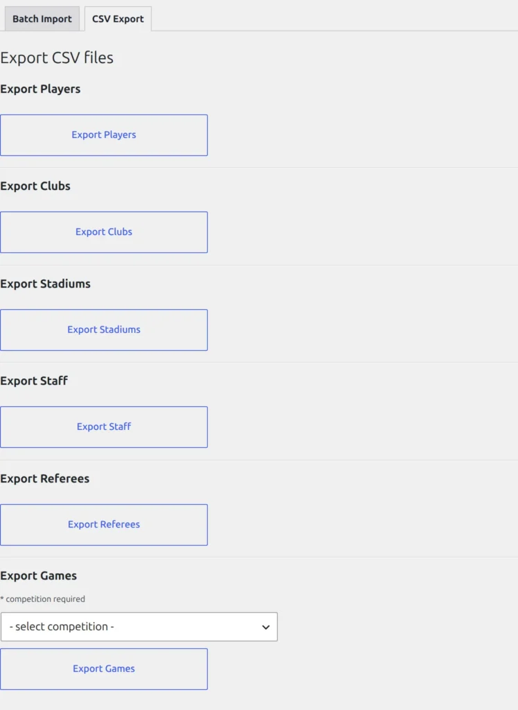 The CSV Export tab with one export button per entity
