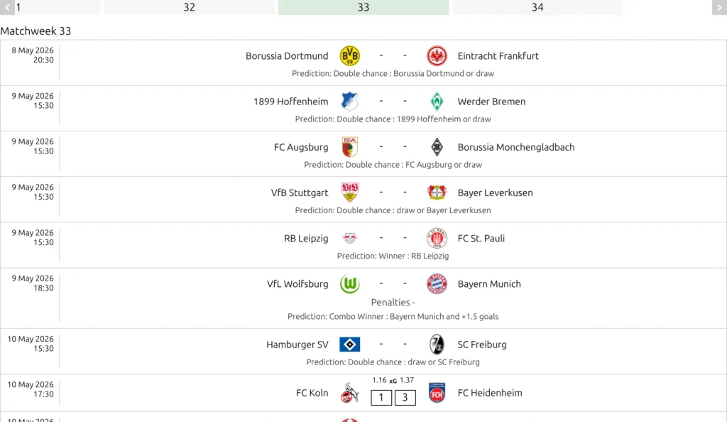 The matchweek slider opened on matchweek 33 of a 34-round league, with the round's games listed below the matchweek tabs