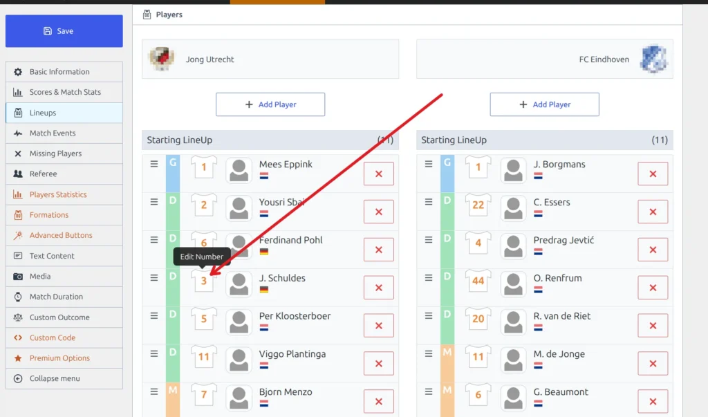 The Lineups panel of a match with both teams' Starting LineUp lists, and a red arrow pointing at a player's shirt icon where the Edit Number tooltip appears