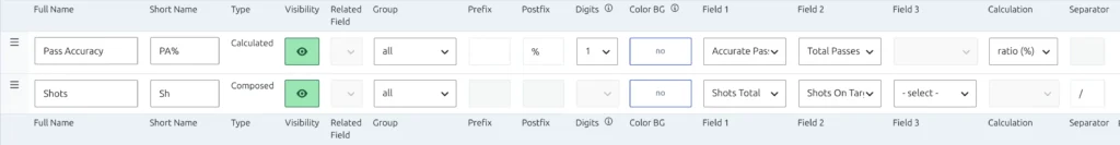 Calculated column Pass Accuracy on the Statistics Configurator: Field 1 Accurate Passes, Field 2 Total Passes, Calculation ratio (%), Postfix %, Digits 1, and below it the Composed column Shots with Field 1 Shots Total, Field 2 Shots On Target and Separator /