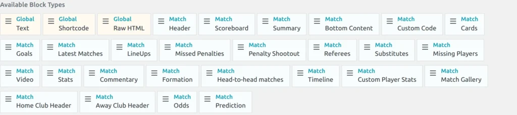 The Available Block Types list of a Game layout in the Layout Builder, with the Match Custom Player Stats block in the third row