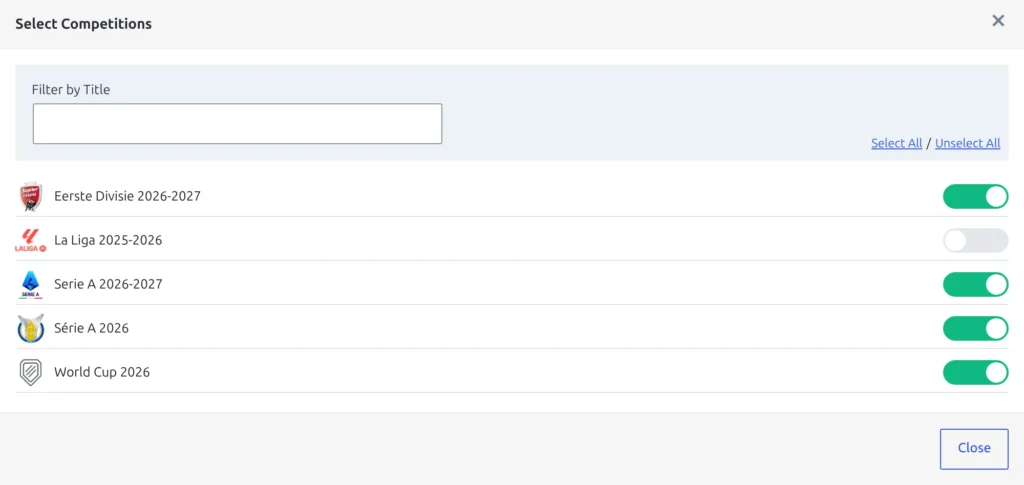 The Select Competitions modal - a filter box, Select All and Unselect All links, and a checkbox per saved competition