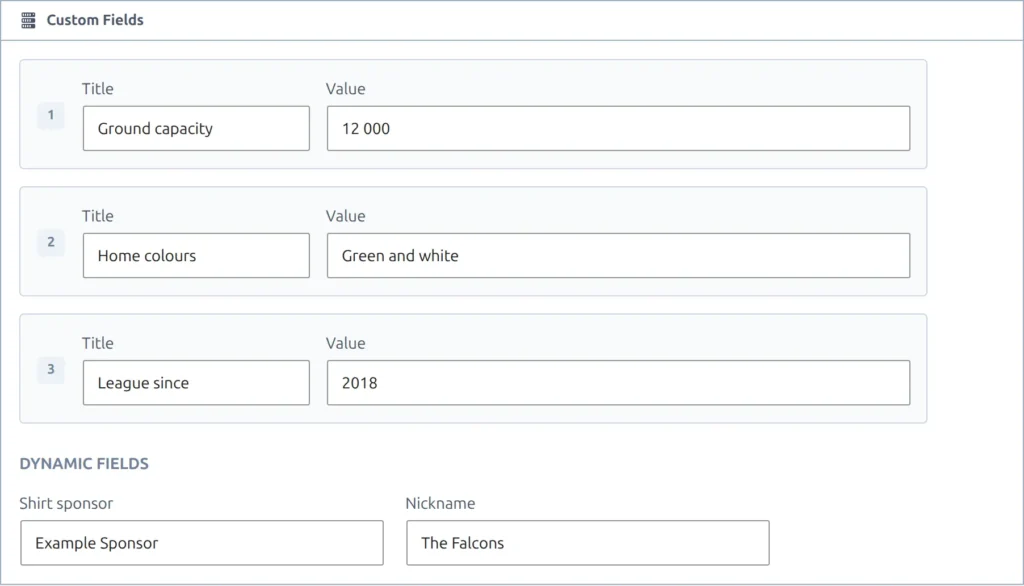 The club editor Custom Fields section showing three numbered Title and Value input pairs above a Dynamic Fields section with one input per configured club field