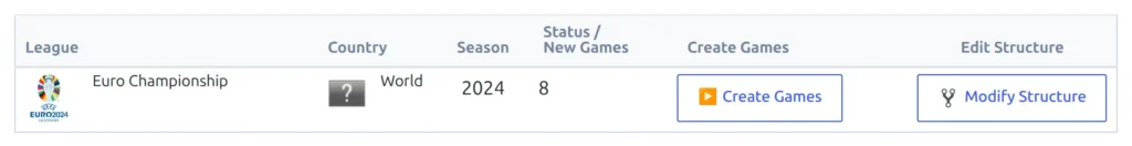 The Euro Championship 2024 row after discovery, with 8 in the Status slash New Games column, a Create Games button and a Modify Structure button