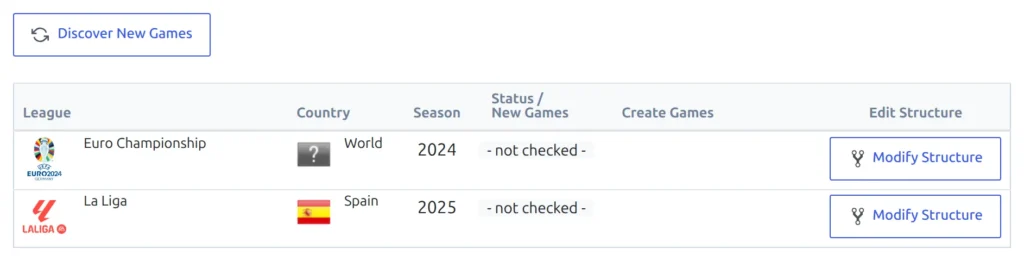 The Discover New Games tab of FL API Import, with the Discover New Games button above a league table whose Euro Championship 2024 row reads not checked in the Status slash New Games column