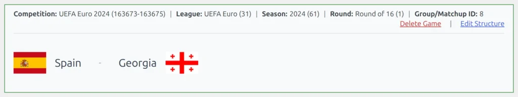 The header of the Spain - Georgia game editor, listing Competition, League, Season, Round and Group/Matchup ID, with the Delete Game and Edit Structure links on the right
