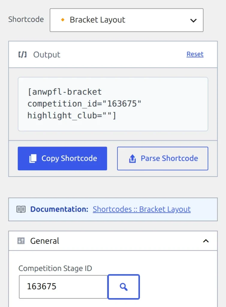 The Shortcode Builder with Bracket Layout selected, the Knockout phase's stage ID 163675 filled into Competition Stage ID from the picker, and the generated anwpfl-bracket shortcode above it with Copy Shortcode