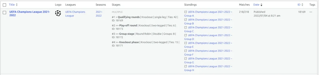 The Competitions list screen with the Stages column printing an ID for the main stage and an indented ID for each secondary stage, and the ID column at the far right of the row