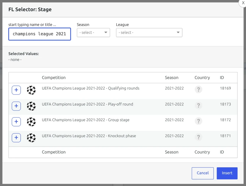 The FL Selector modal headed FL Selector: Stage, searching for Champions League 2021 and returning four rows - the qualifying rounds, the play-off round, the group stage and the knockout phase - each with its own ID