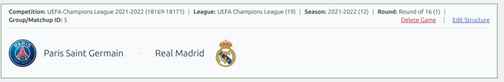 The green information bar at the top of a game editor showing Competition with a two-number pair in brackets, then League, Season, Round and Group Matchup ID, each followed by its number