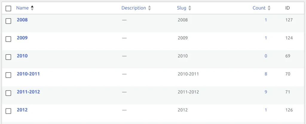 The Seasons screen under the Competitions menu, a flat list of season names with the term ID in the last column