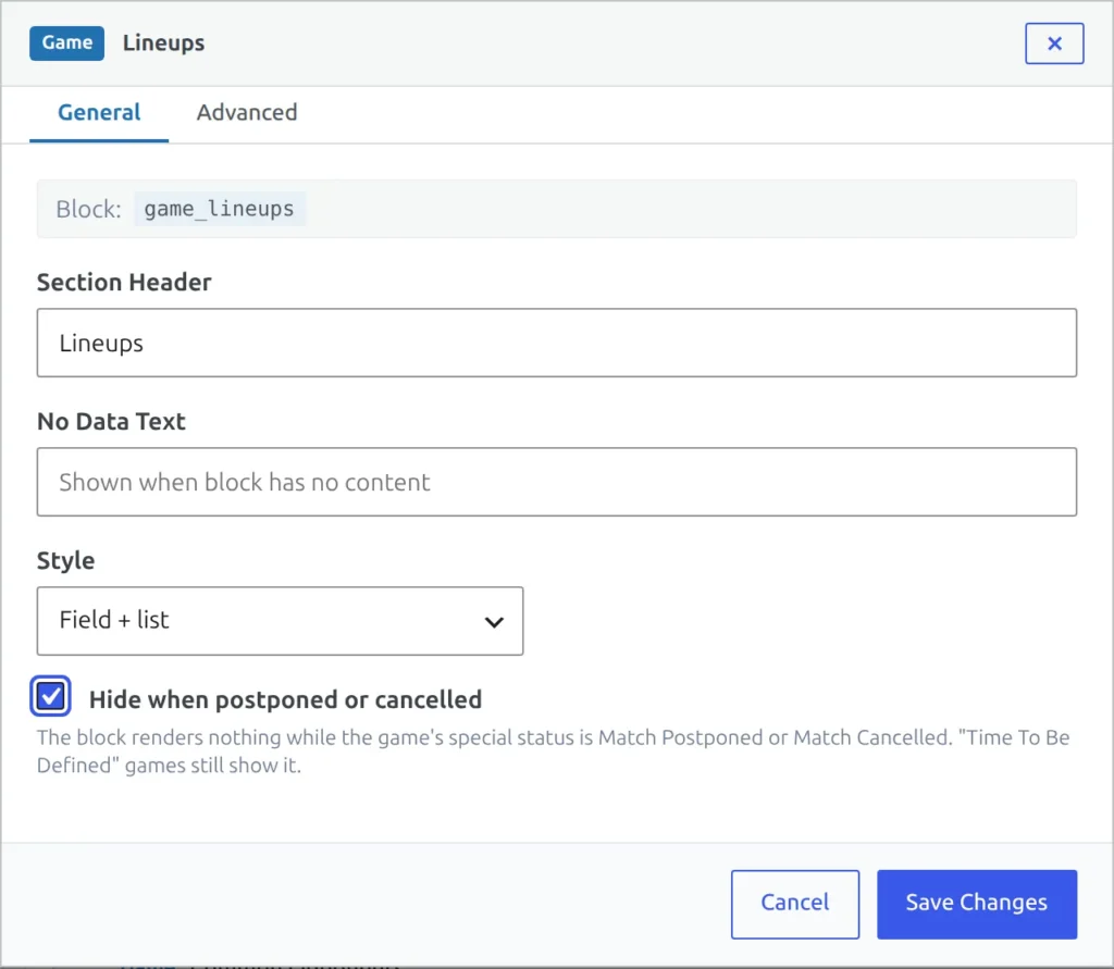 A block's settings in the Game - Upcoming layout with the Hide when postponed or cancelled checkbox ticked