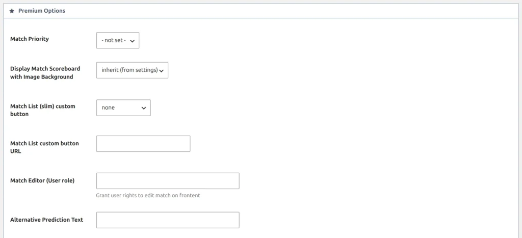 The Premium Options section of the game editor with the Alternative Prediction Text field