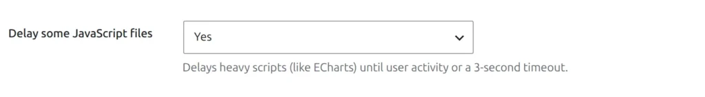 The Delay some JavaScript files option set to Yes on the Advanced settings tab, with its note about holding ECharts back until user activity or a 3-second timeout