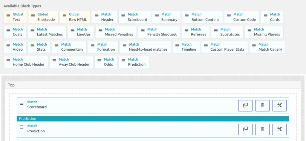 A Game layout in the Layout Builder: the Match Prediction block in the Available Block Types palette and the same block placed in the layout
