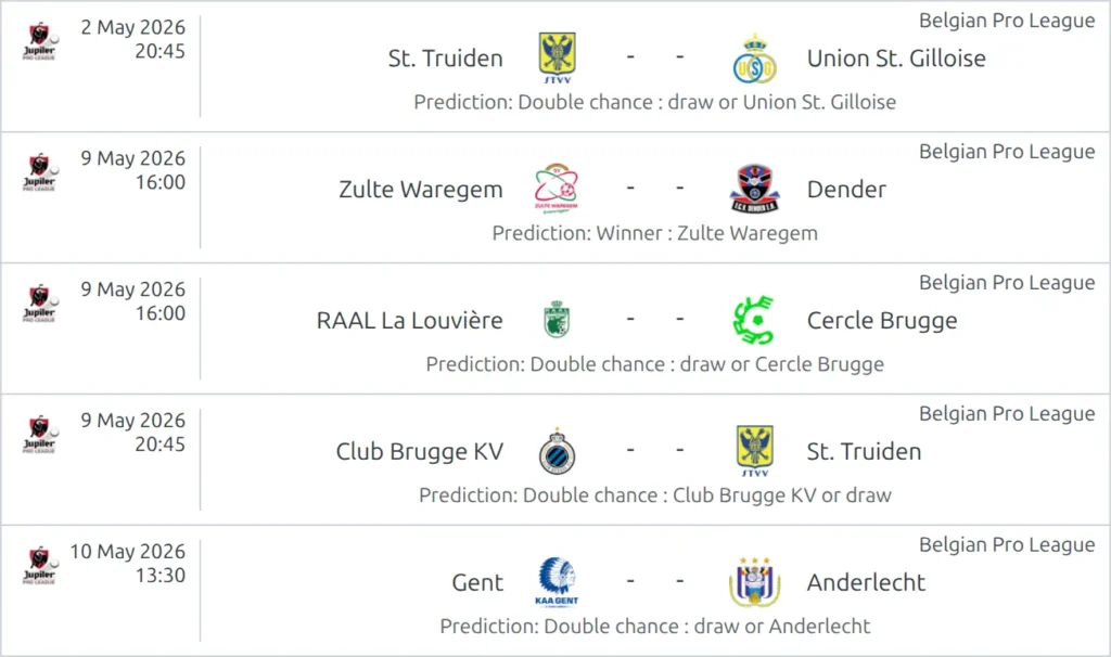 A slim match list of upcoming Belgian Pro League games, each with a Prediction line under the teams, such as Winner : Zulte Waregem and Double chance : draw or Cercle Brugge