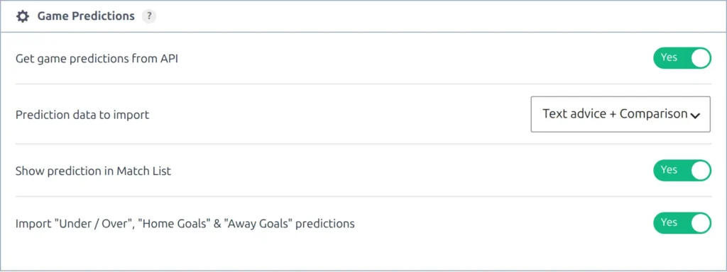 Game Predictions panel in the API Import settings with all four options visible