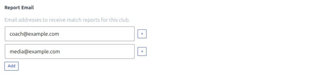 Premium Options tab of the club editor showing the Report Email field with two addresses entered and an Add email button beneath them