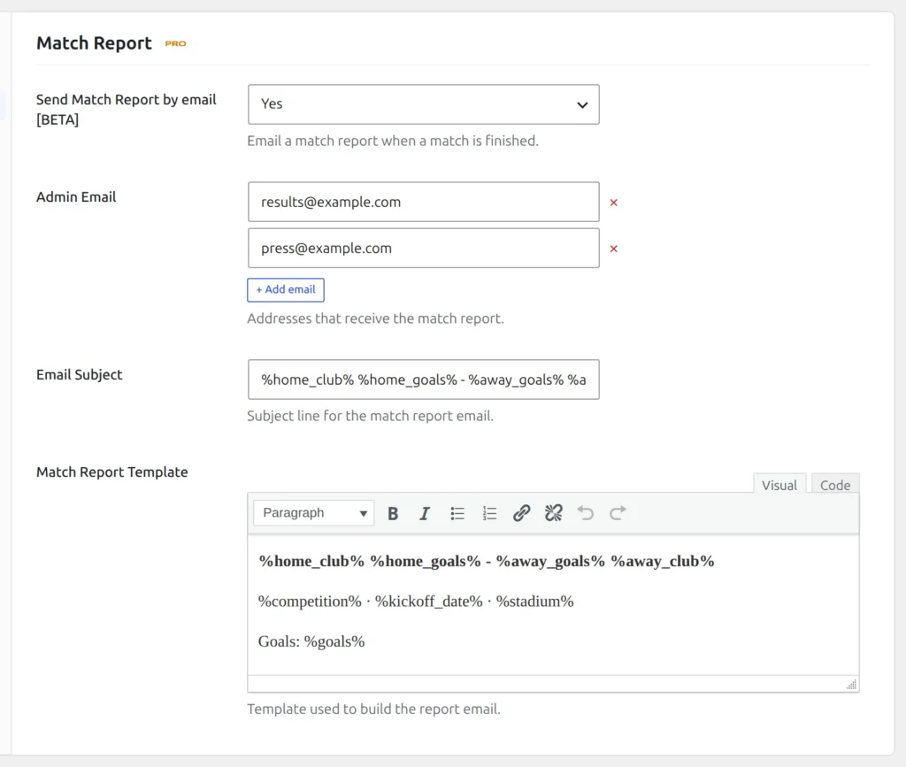 Match Report tab of the Football Leagues settings page, with the feature set to Yes and the Admin Email, Email Subject and Match Report Template fields revealed below it