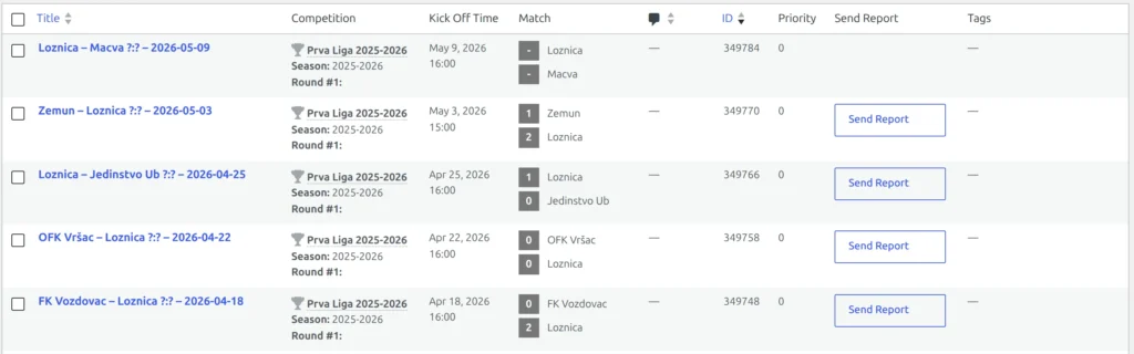 The games list under Competitions - Matches with an extra Send Report column, showing a Send Report button on the finished games and an empty cell on the upcoming ones