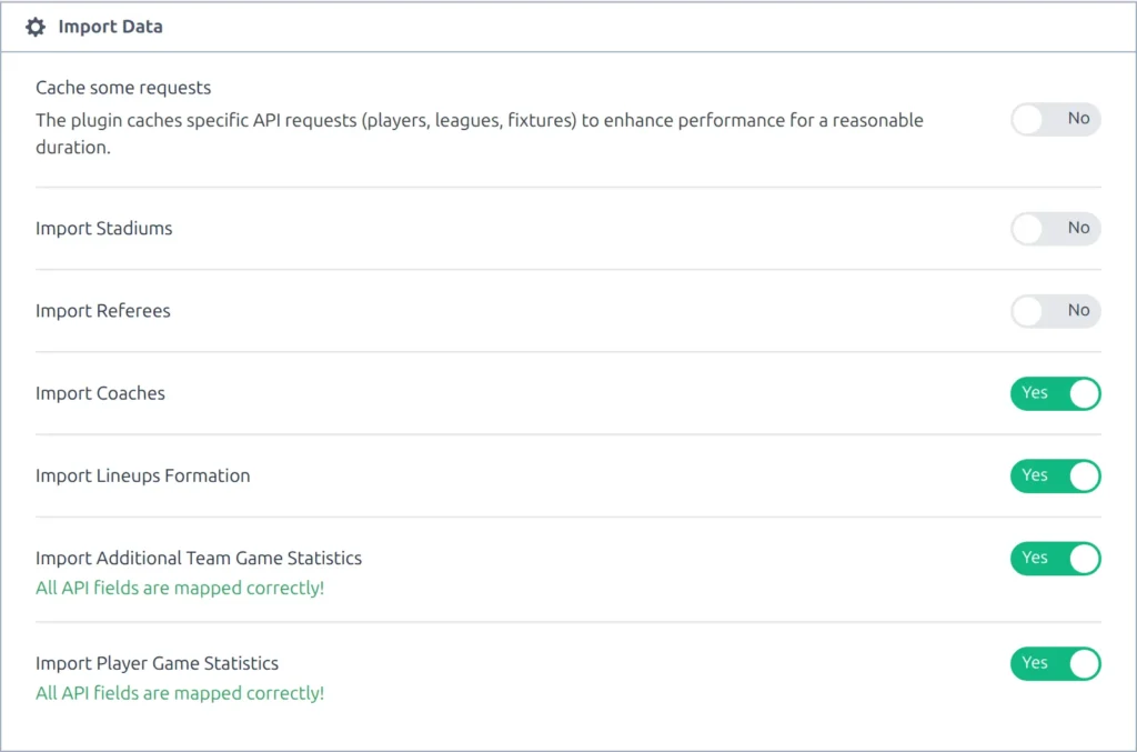 The Import Data block on the API Import Settings tab, with toggles for caching, stadiums, referees, coaches, lineup formations, team game statistics and player game statistics