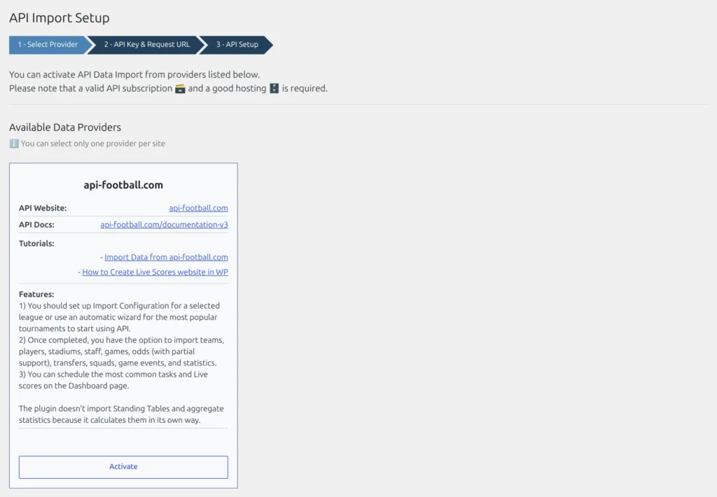API Import Setup wizard, step 1 - the Select Provider screen showing the api-football.com card with its Activate button