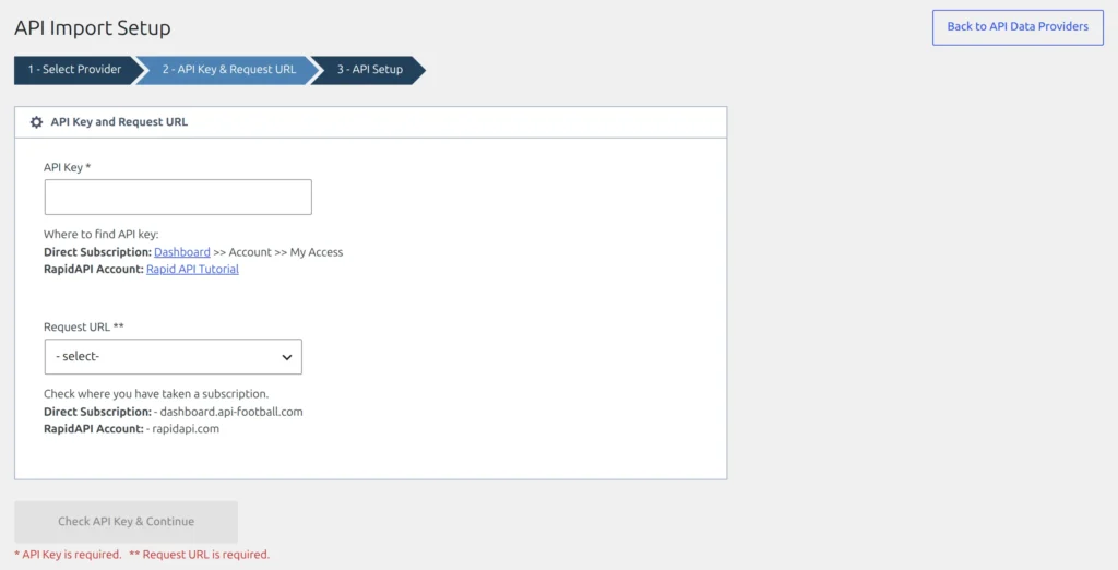 Setup wizard step 2 - the API Key password field and the Request URL dropdown offering Direct Subscription or RapidApi Account