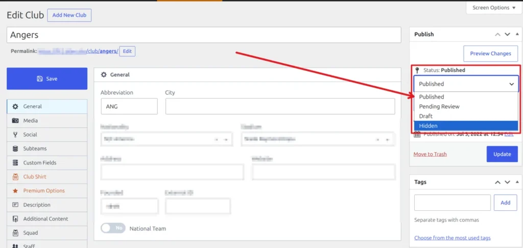 The club editor Publish box with the status dropdown open, showing Published, Pending Review, Draft and Hidden