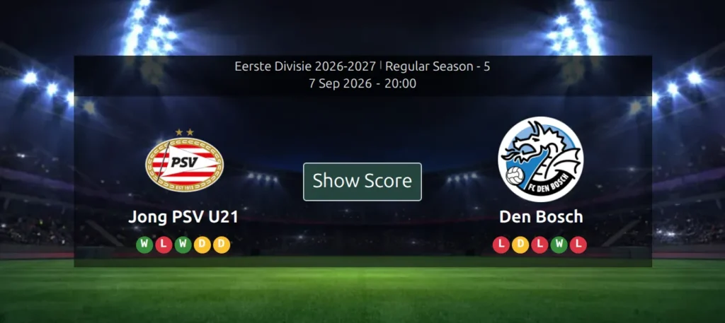 Scoreboard of a finished game with both club names and logos, and a Show Score button where the score would be