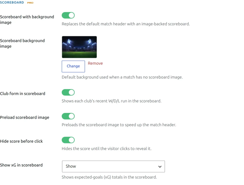 Scoreboard block on the Match Display settings tab, with Hide score before click switched on