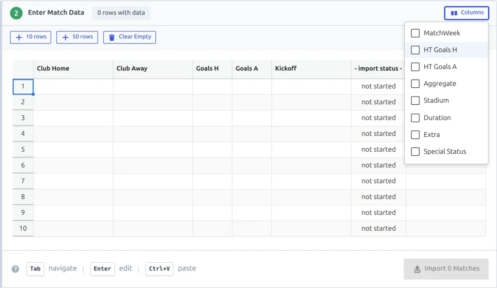 The Columns button open over the match grid, listing the optional columns that can be switched on - MatchWeek, HT Goals H, HT Goals A, Aggregate, Stadium, Duration, Extra and Special Status