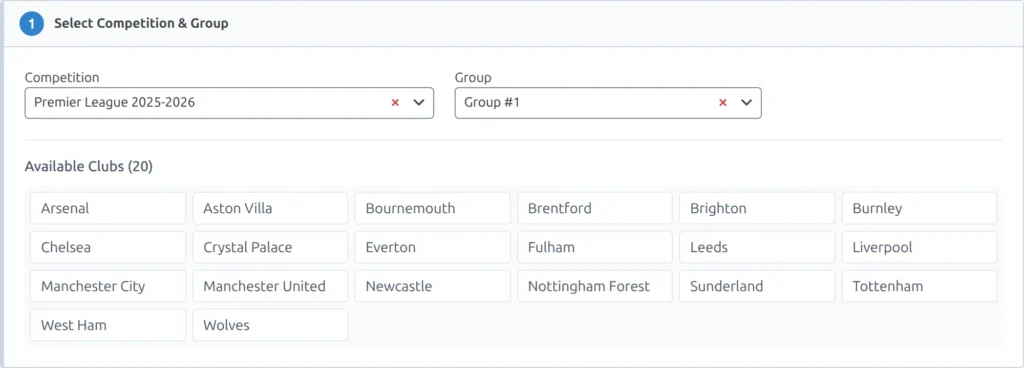 Step 1 of the Import Matches tool - the Competition and Group dropdowns filled in, with the 20 available clubs listed as chips underneath