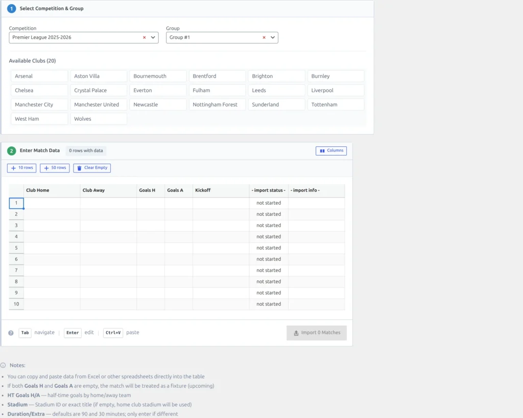 The Import Matches tool with a competition chosen - the Select Competition and Group card above the Enter Match Data grid, with columns for Club Home, Club Away, Goals H, Goals A, Kickoff and an import status per row