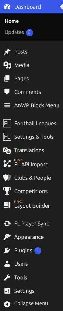 WordPress admin sidebar showing the Football Leagues, Settings and Tools, Translations, Clubs & People, and Competitions menus