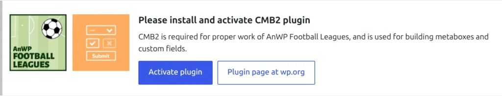 Admin notice reading Please install and activate CMB2 plugin, with Activate plugin and Plugin page at wp.org buttons