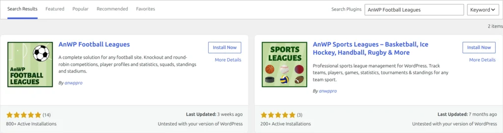 Plugins Add New screen with AnWP Football Leagues typed in the search field and the plugin card showing an Install Now button