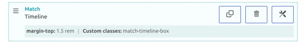 A placed block in a v1 layout with its duplicate, delete and wrench buttons on the right and a summary line underneath showing its margin-top and custom classes