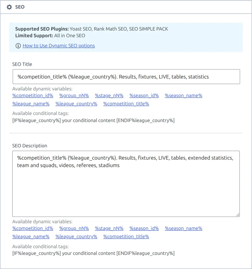 The SEO panel of a layout with the SEO Title and SEO Description fields holding dynamic variables such as %competition_title%