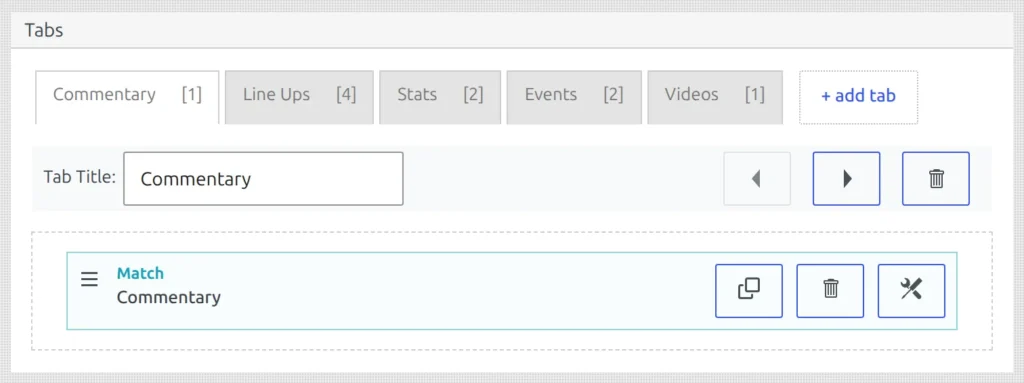 The tabs section of a v1 layout with five tab chips showing their block counts in square brackets, the + add tab button, and the selected tab's Tab Title field with the left and right arrow buttons and the trashcan button