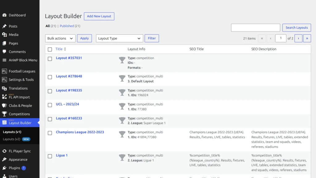 The Layouts (v1) admin list with the Layout Type filter and the Layout Info, SEO Title and SEO Description columns, and Layouts (v1) and Layouts (v2) in the sidebar menu