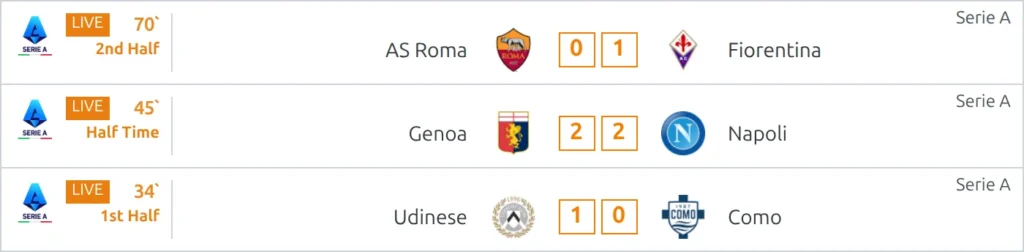 Live Matches shortcode - three matches in progress, each row showing the live status with the running minute, both club crests and the current score
