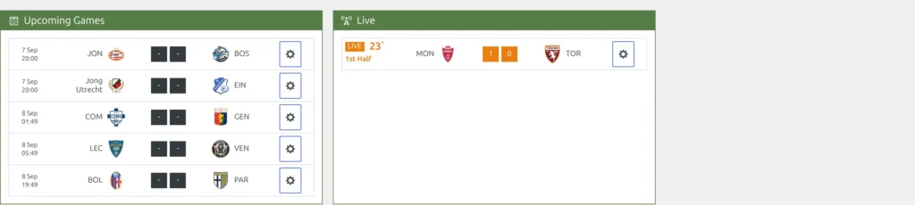 The Live Scores Dashboard with two side-by-side panels - Upcoming Games listing scheduled fixtures with kickoff times, and Live listing in-play matches with an orange Live badge, a running minute and a gear button on each row