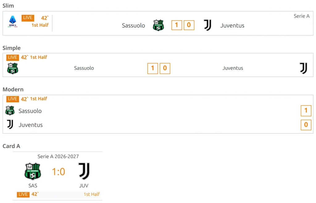 The same in-play game drawn in the four live-capable layouts stacked one under another and labelled Slim, Simple, Modern and Card A - slim carries the LIVE badge, the minute and the period label in the left-hand column where the kickoff date and time normally sit, simple and modern put the same three above the clubs, and card A puts them in a strip along the bottom of the card