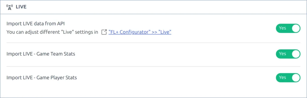 The LIVE block on the API Import Settings tab, with the master Import LIVE data from API toggle and the two live statistics options