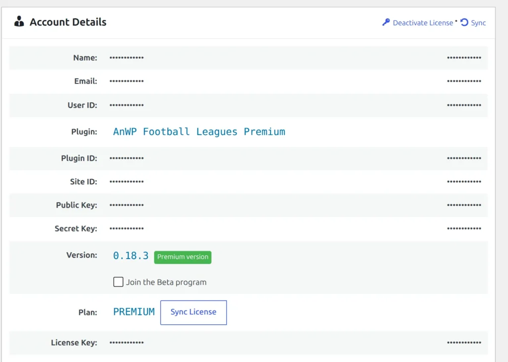 The Football Leagues Account screen in wp-admin - an Account Details panel listing Name, Email, User ID, Plugin, Plugin ID, Site ID, Public Key, Secret Key, Version, Plan and License Key, with Deactivate License and Sync links in its top right. The private values are blanked out in this screenshot.