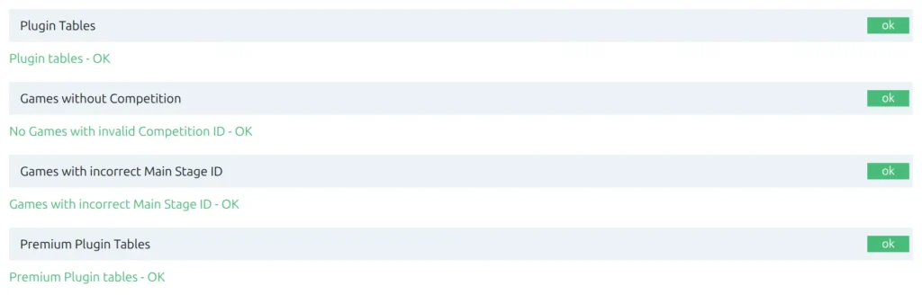 The Plugin Health checks list after pressing Run, with Plugin Tables at the top and Premium Plugin Tables at the bottom, both reporting ok on a green badge