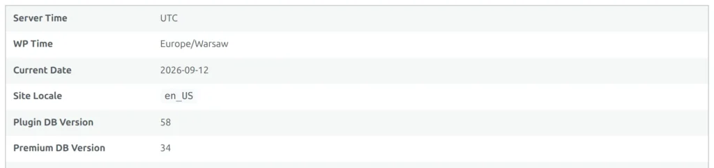 The System Info table on the Support page, with the Plugin DB Version and Premium DB Version rows below the server time, WordPress time and site locale rows